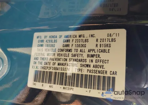 2011 Honda Accord 2.4 Lx из США, поврежденный, VIN 1HGCP2F36BA155074